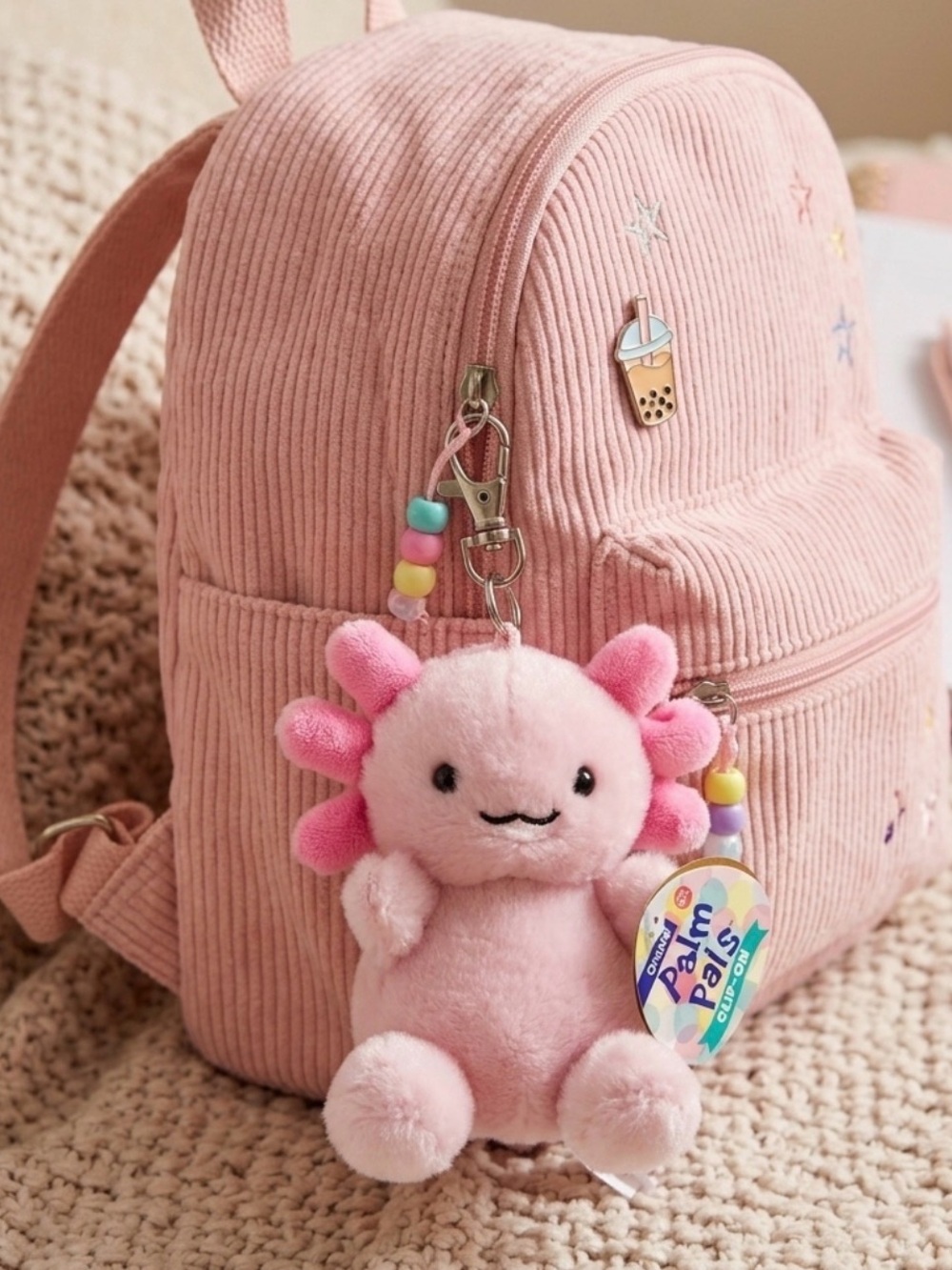 Pink Axolotl Clip-On Plush Keychain by Palm Pals